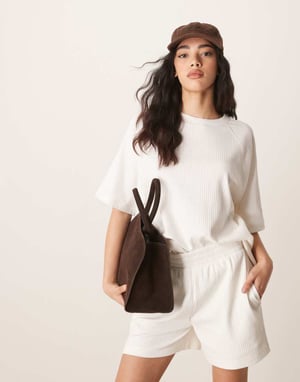 ASOS DESIGN oversized raglan co-ord t-shirt i kraftig ribb i krämfärgad