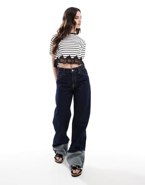Miss Selfridge randig spetskant kortärmad t-shirt