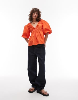 Topshop poplin puffärmstopp i orange