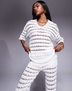 ASOS DESIGN stickad skjorta med krage och fin söm i vitt