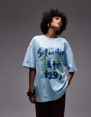 Topshop jersey grafisk scarftryck oversized topp i ljusblå