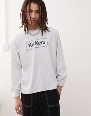 Kickers långärmad t-shirt med marinblå grafisk design i ljusgrå melerad färg