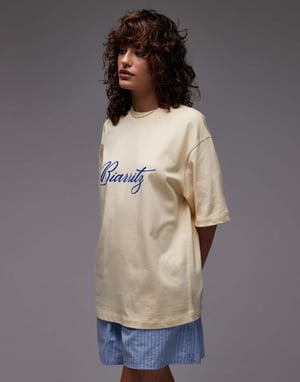 Topshop jersey Biarritz grafisk oversized t-shirt i smörkrämsgul