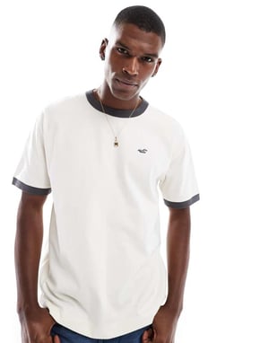 Hollister ikon tvättad boxy oversized t-shirt med kontrasterande halsöm i beige