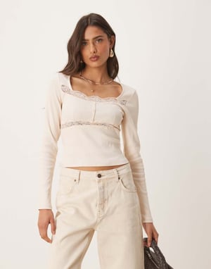 ASOS DESIGN ribbad långärmad topp med spets- och knappar i cream