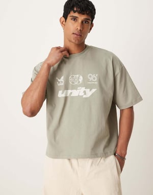 ASOS DESIGN boxy oversized t-shirt med framsidegrafik i grågrön
