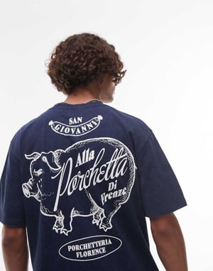 Topman relaxed fit t-shirt with front and back Porchetta print in washed navy