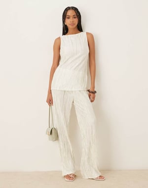 Vila plisse slash neck sleeveless top co-ord in pale silt green tie dye