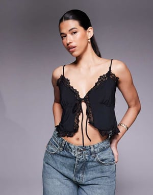 ASOS DESIGN slinky lace trim tie front top in black
