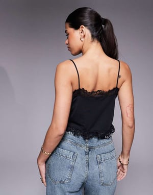 ASOS DESIGN slinky lace trim tie front top in black
