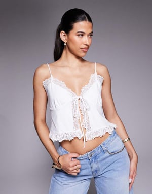 ASOS DESIGN slinky lace trim tie front top in white