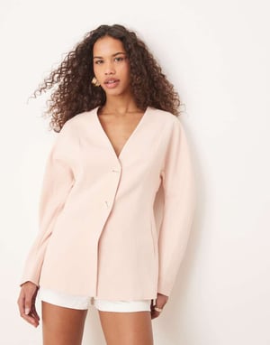 ASOS DESIGN skräddarsydd linne-look texturerad kavaj med nipped midja i ljusrosa