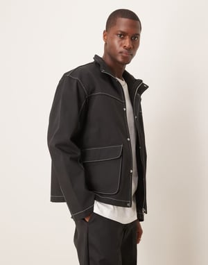 ASOS DESIGN Harrington-jacka med kontrastsöm i svart - MARINBLÅ