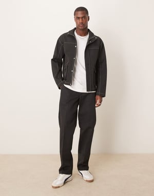 ASOS DESIGN Harrington-jacka med kontrastsöm i svart - MARINBLÅ
