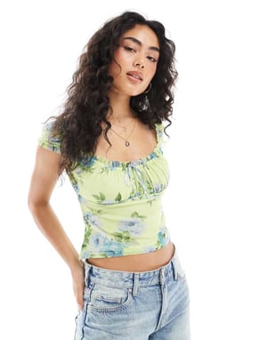 Miss Selfridge spets picot blommig mesh korsett topp i gul