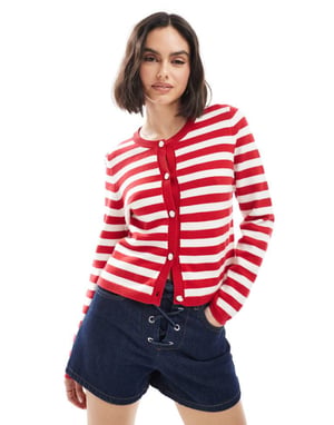 Fransk Connection boxig knäpp cardigan i röd och vit randig