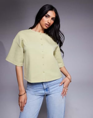 ASOS DESIGN interlock boxig skjorta med knapplist i salviagrön