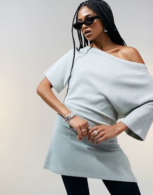 ASOS DESIGN off shoulder cinched waist waffle t-shirt in washed sage