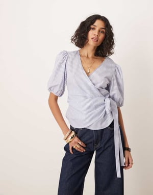 ASOS DESIGN midjad wraptop i blårandig