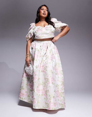 ASOS LUXE Curve co-ord jacquard puff sleeve top in tulip jacquard