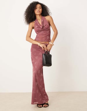 ASOS DESIGN burnout blommig hög nacke cowl topp co ord i dämpad rosa