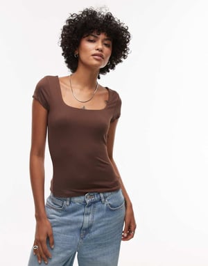 Topshop slinky topp med cap ärm i chokladbrun