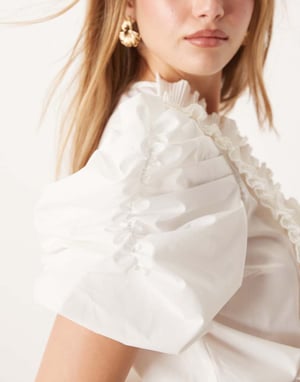 YAS puff sleeve pleated ruffle detail poplin top in white