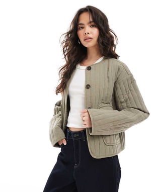 ASOS DESIGN linne kort kragefri vadderad jacka i khaki