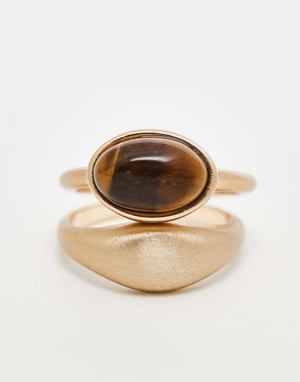 ASOS DESIGN pack of 2 stone set rings with real tigers eye in brushed gold tone