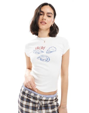 ASOS DESIGN ribbed baby tee with oyster graphic in white