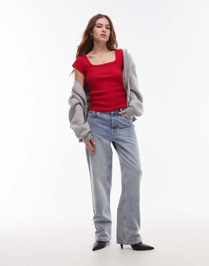 Topshop square neck rib cap sleeve tee in cherry red