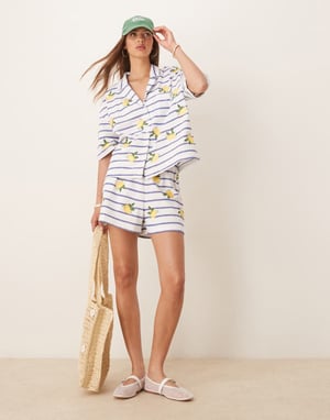 ASOS DESIGN revere stripe shirt with lemon embroidery
