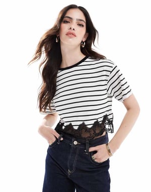 Miss Selfridge stripe lace hem short sleeve t-shirt