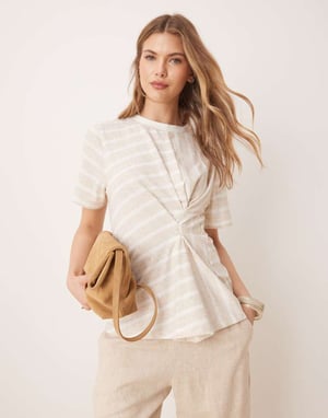 ASOS DESIGN pleat tuck detail t-shirt in neutral stripe