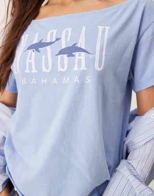 Hollister slash neck t-shirt with Nassau print in blue