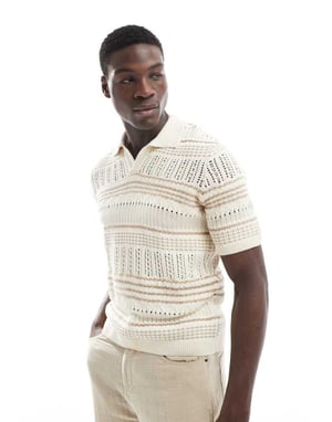 ONLY & SONS avslappnad passform öppenstickad polo i beige randig