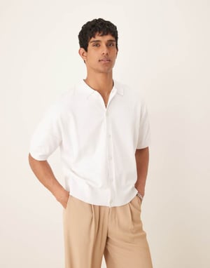 ASOS DESIGN oversized stickad bomullspolo med knappar i vitt