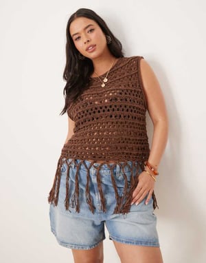 ASOS DESIGN Curve knitted stitch tank with fringe detail in chocolate
