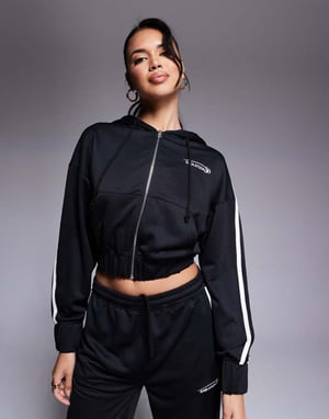 Kaiia cotton blend Studio cropped side stripe zip up hoodie co-ord in black