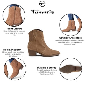 Tamaris dames Camel Brown Suede Leren Cowboy Western Enkellaarzen - 25702-41