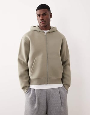 ASOS DESIGN tung avslappnad boxy zip-up hoodie i scuba-liknande tyg i kaki - KHAKI