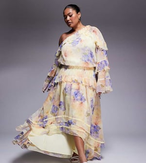 ASOS LUXE Curve pärlbeströdd chiffong maxiklänning med överdimensionerat mönster i blommor