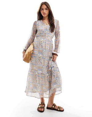 Vero Moda smock maxi-klänning i rosa lapptäckstryck
