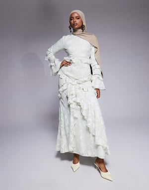 ASOS DESIGN jacquard volang långärmad maxiklänning i salviagrön
