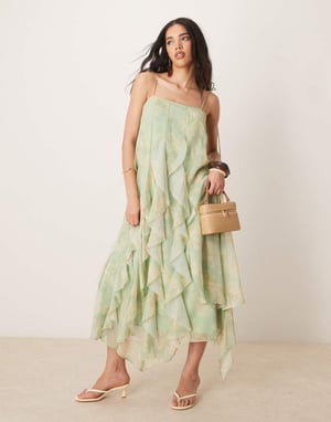ASOS DESIGN maxiklänning med knytband och volanger i salviagrön blommönster