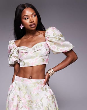 ASOS LUXE co-ord jacquard puffärmsblus i tulipanjacquard