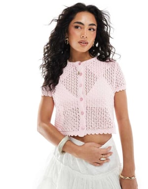 Miss Selfridge stickad pointelle kortärmad cardigan i rosa