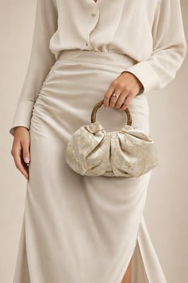 Vintage Bamboo Handle Pleated Handbag in Beige