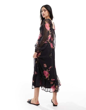 Miss Selfridge maxi klänning med korsettdetalj i rosavtryck