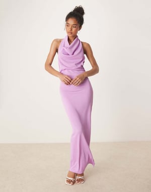 Vila strukturerad cowl neck lång klänning med låg rygg i violet